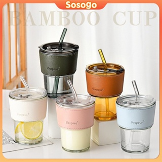 Glass Straw Cup with Bamboo Lid, Cola Shape Cup, 470ml