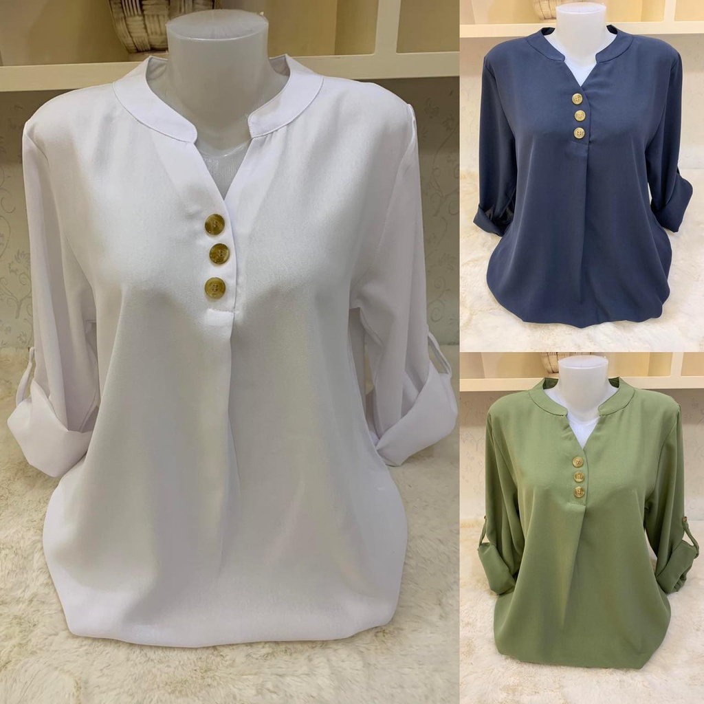 Casual V Neck Women's 3/4 Sleeves Long Sleeves Polo Blouse | Shopee ...