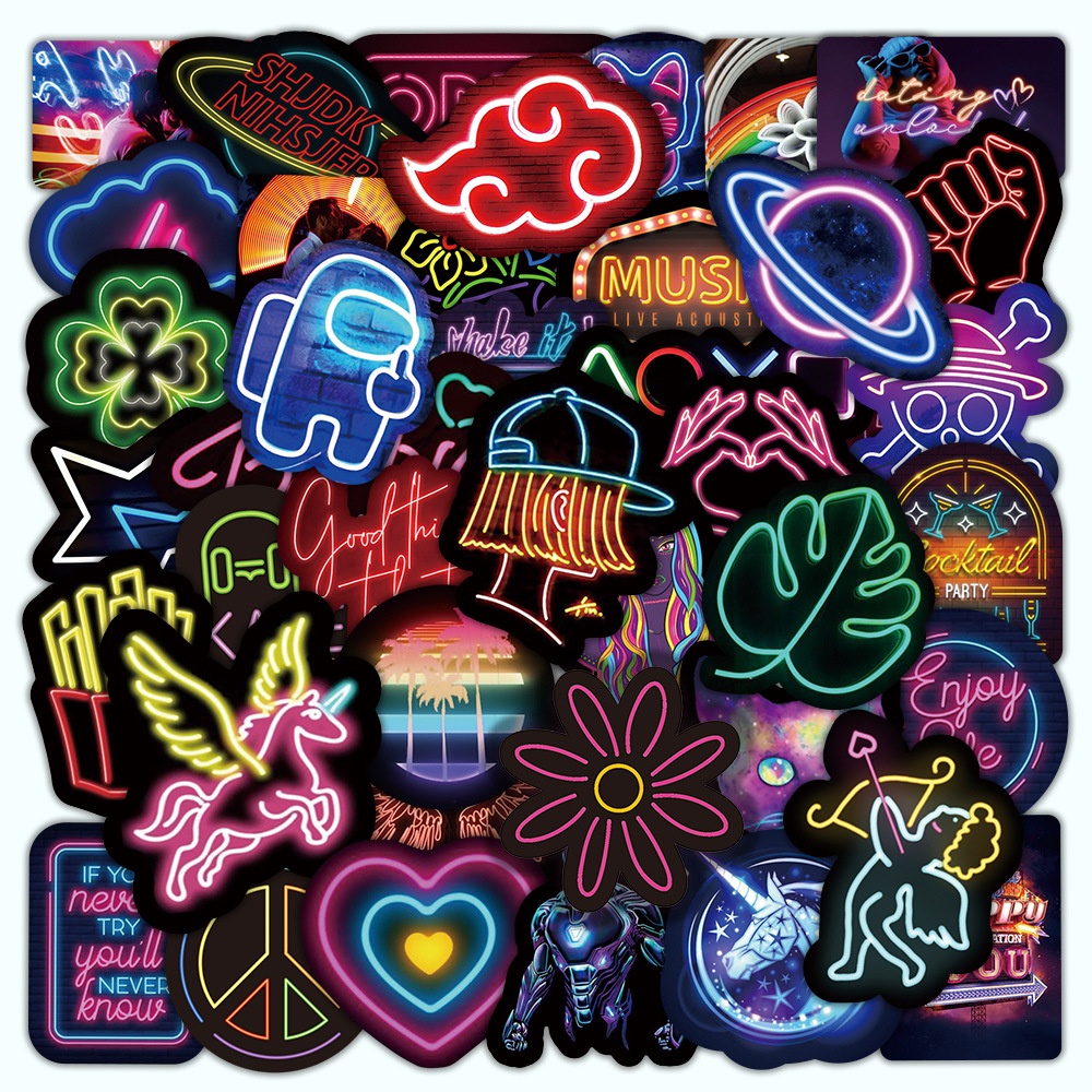 50pcs neon waterproof sticker set phone car luggage laptop tumbler ...