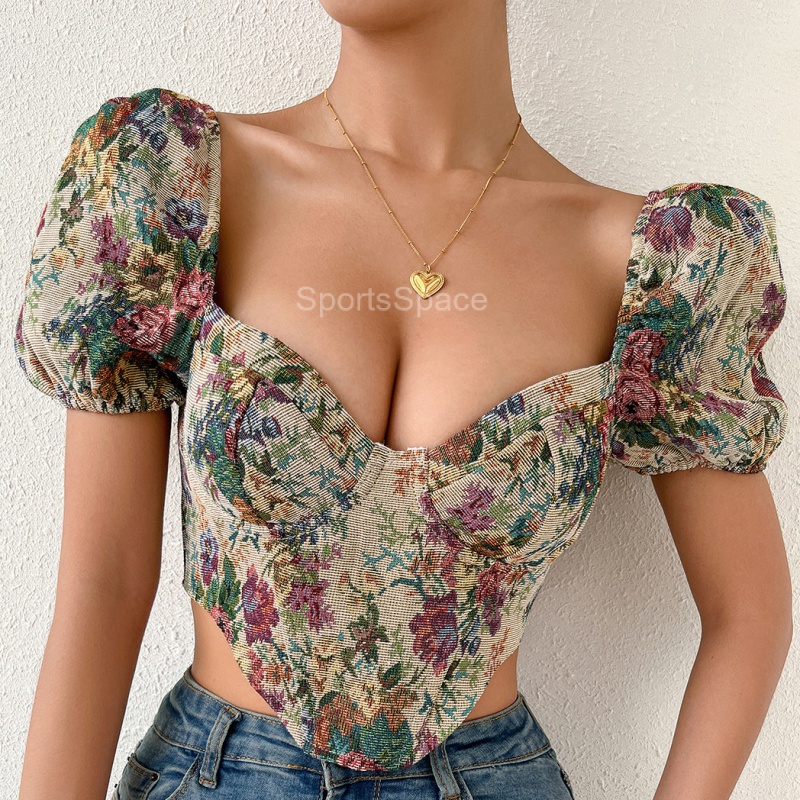 90S Fashion Palace Style Puff Sleeve Fishbone Slim Fit Square Collar T-shirt Bandeau Sexy Women's Top