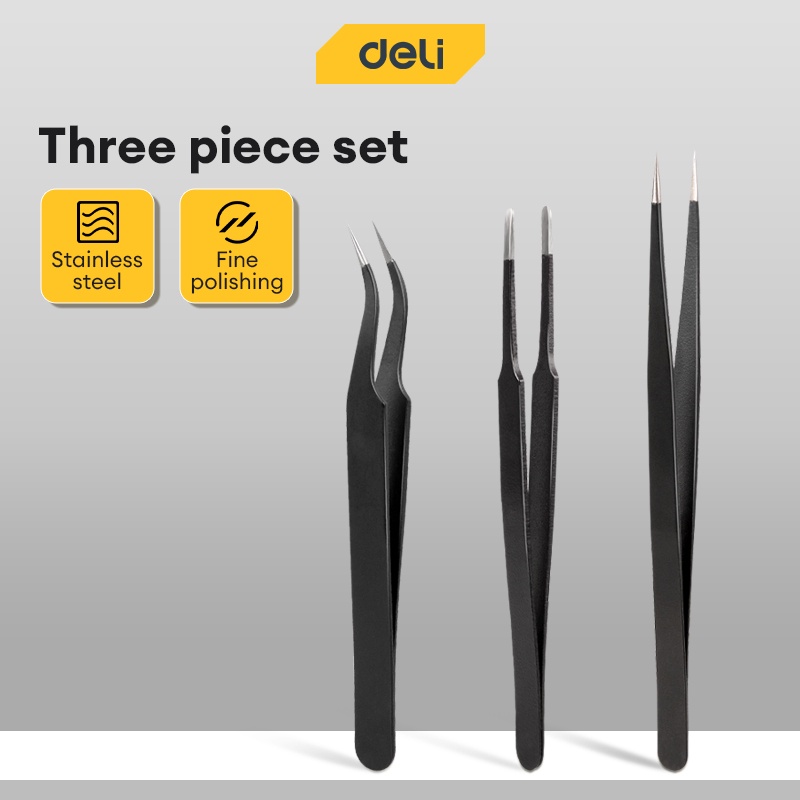 Deli 3Pcs/Set Antistatic Precision Tweezer Set Industrial Repair