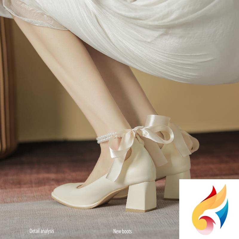 Fairy Style High Heels Women French Square Toe Thick Heel Versatile Mid Heel Shoes 2022 Spring Autumn New Mary Jane