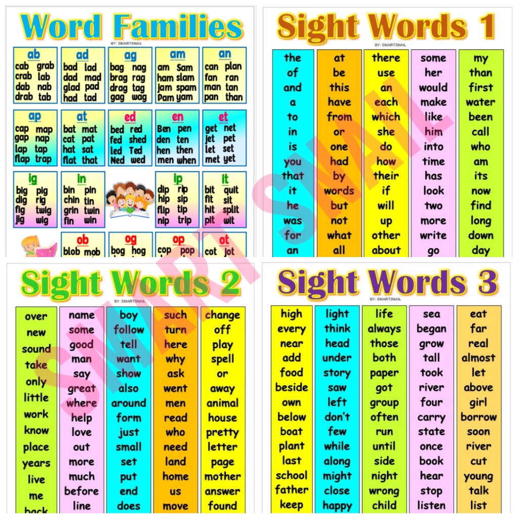 Laminated English Reading Charts Sight Words And Word Families A4 Size