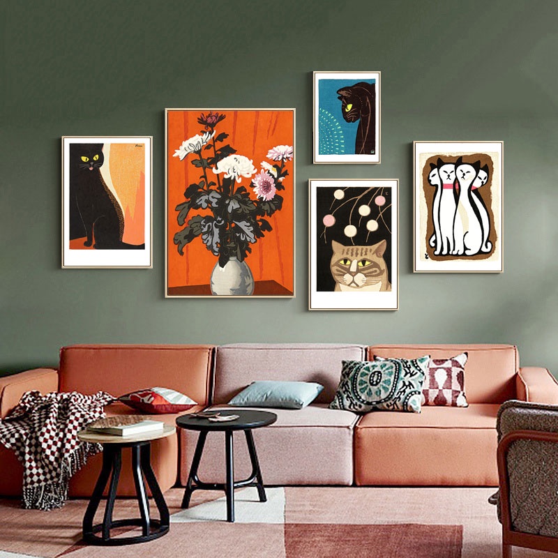 Vintage Japanese Style Animal Cat Canvas Paintings Retro Flowers Wall ...