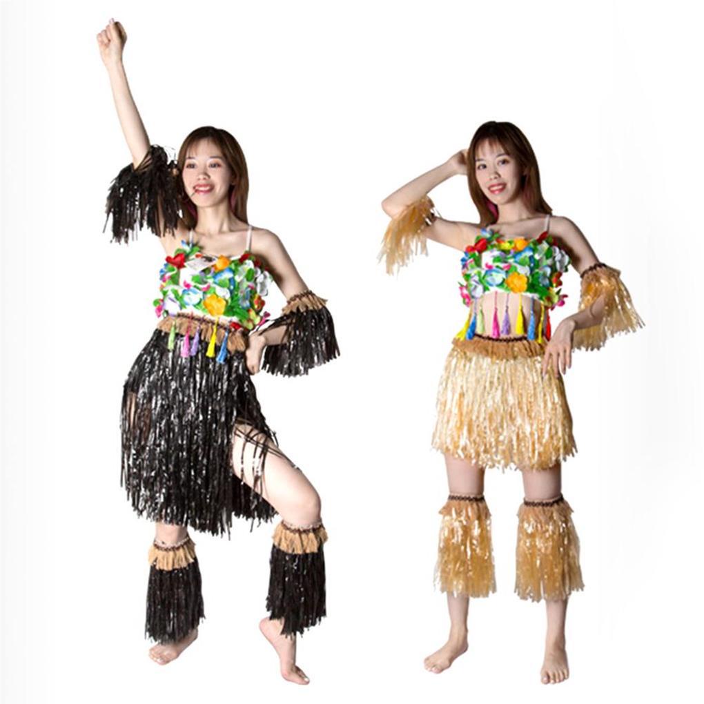 ELEN Hawaiian Hula Grass Skirt Accessory Set Skirt Beach Sleeve Costume