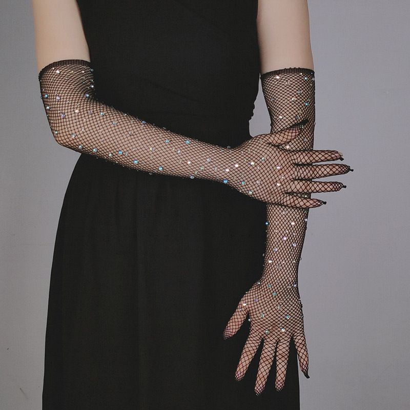 Elastic Rhinestones Mesh Full Finger Gloves Flash Diamond Fishing Net