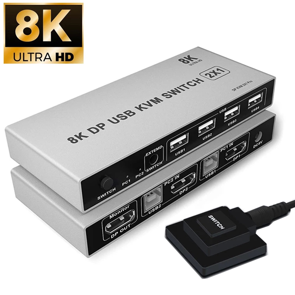  8K Displayport KVM Switch DP for 2 Computers Share 1 Monitor  USB 3.0 Switches PC Support 8K@60Hz 4K@144Hz 4 USB Devices Such as Keyboard  Mouse Printer with Desktop Wired Controller and