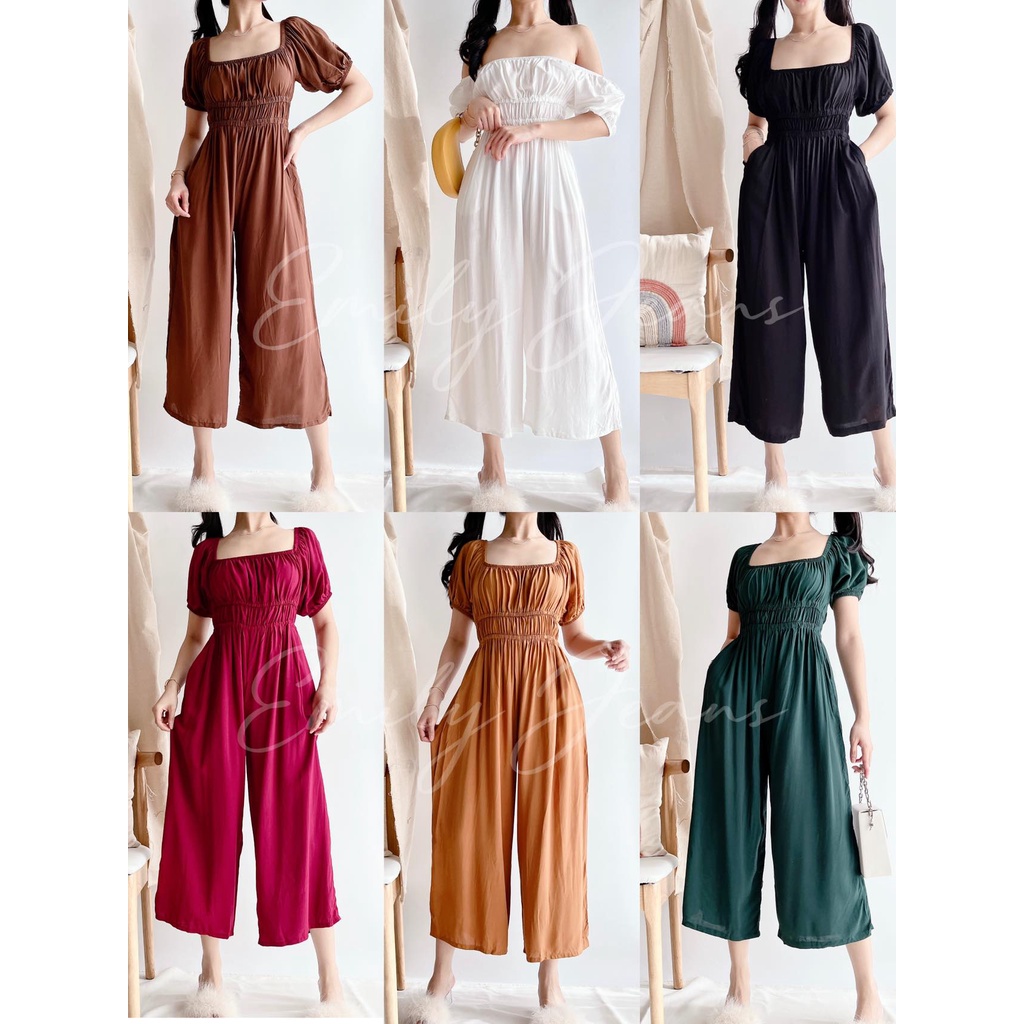 EMILY Puff Sleeve Jumpsuit Wide Leg Pants with Two Pocket New Trend ...