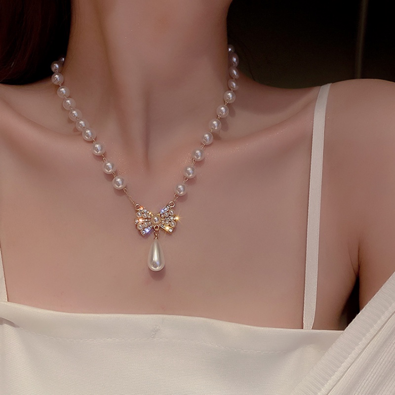 Fashion Drop Pearl rhinestones Pendant Necklace Elegant Women Bow Knot ...
