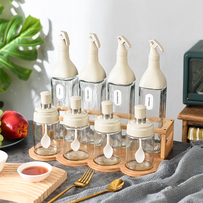 1Set 480ml 4pcs with Rack A Set Glass oil Pot LeakProof Seasoning oil