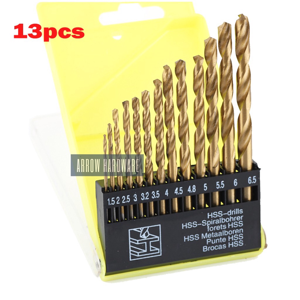 13 Pcs Titanium Twist Drill Bit Set HSS 1.5mm 6.5mm Metric Round