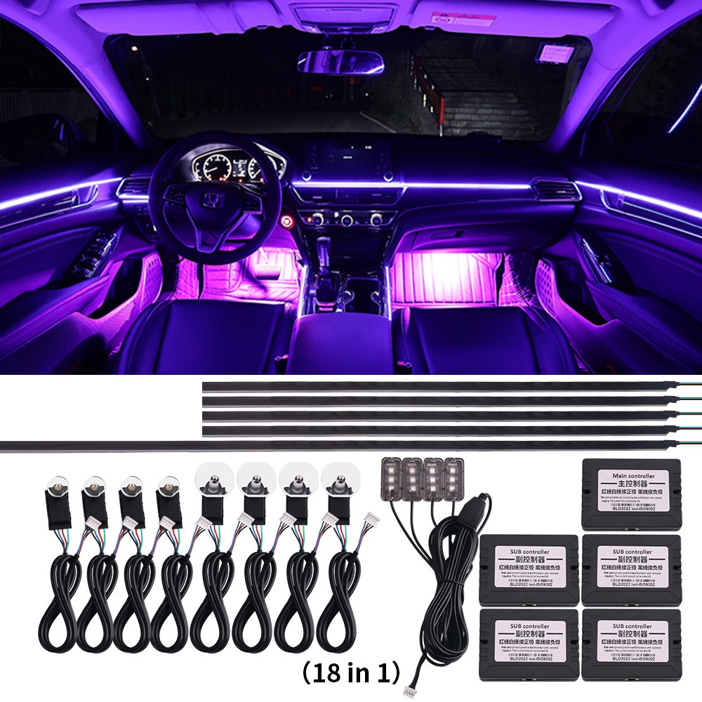 18 In 1 RGB LED Car Interior Light Bar Ambient DIY Decoration 64 Colors ...