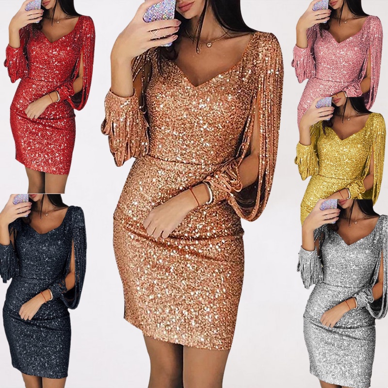 Sequin Dress Women S-5XL plus size 2025 new Glitter Sparkle Deep V Neck ...