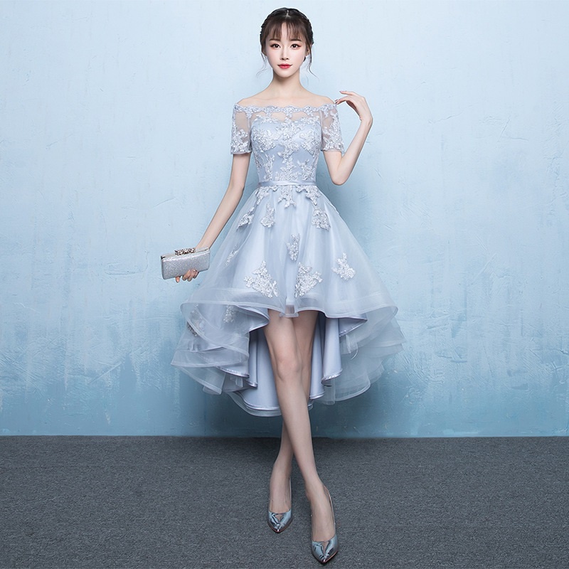 Elegant Grey/Champagne Banquet Evening Dress Off Shoulder Short Front Long  Back Slim Bridesmaid Dresses Dinner Lace Gown | Shopee Philippines