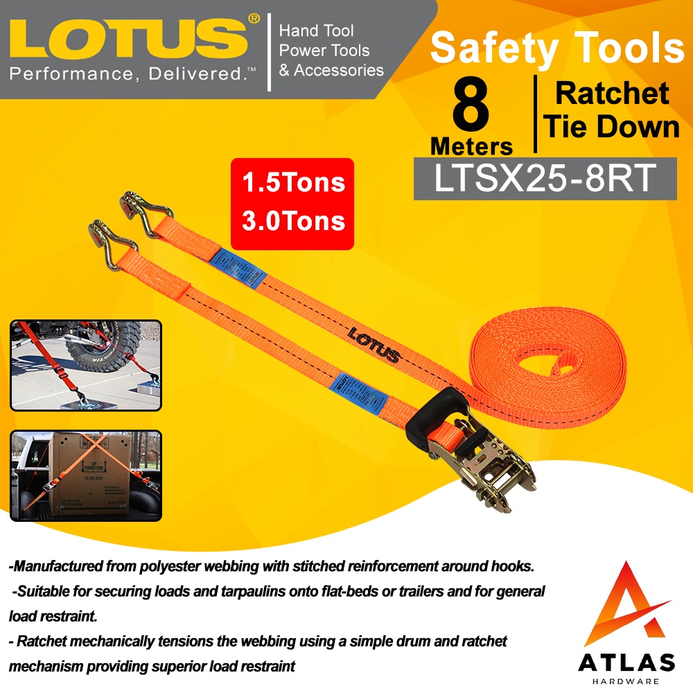 Lotus Ratchet Tie Downs 1.5T X 8M LTSX258RT 3T X 8M LTSX388RT