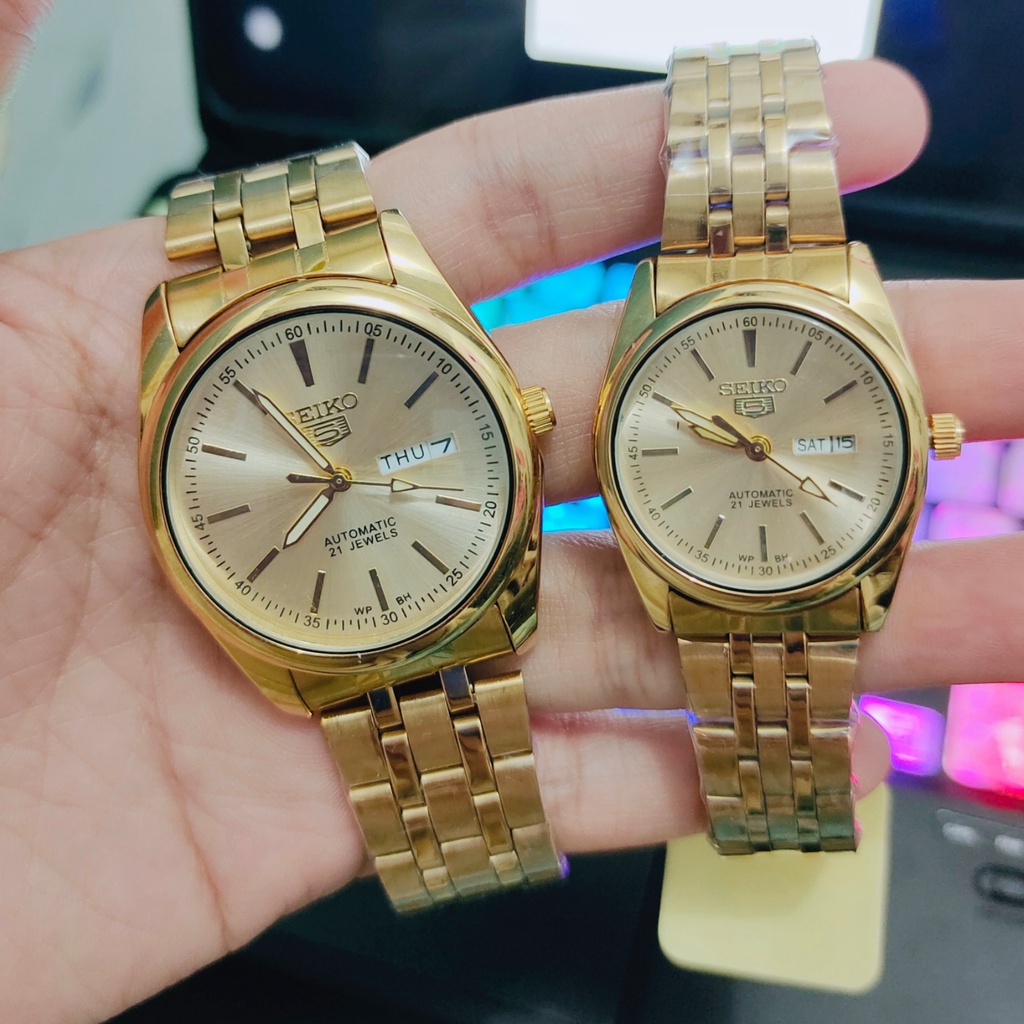 S430 NEW Seiko 5 Couple watch Gold Japan Movement Double Date | Shopee  Philippines