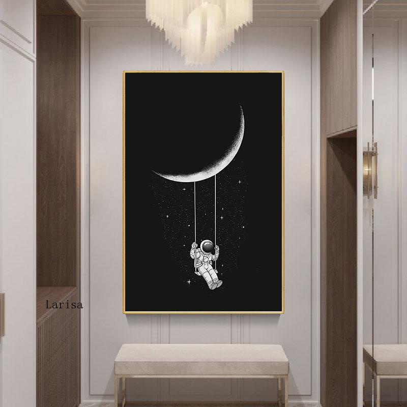 Funny Art Poster Space Astronaut Swinging On The Moon Stars Canvas ...