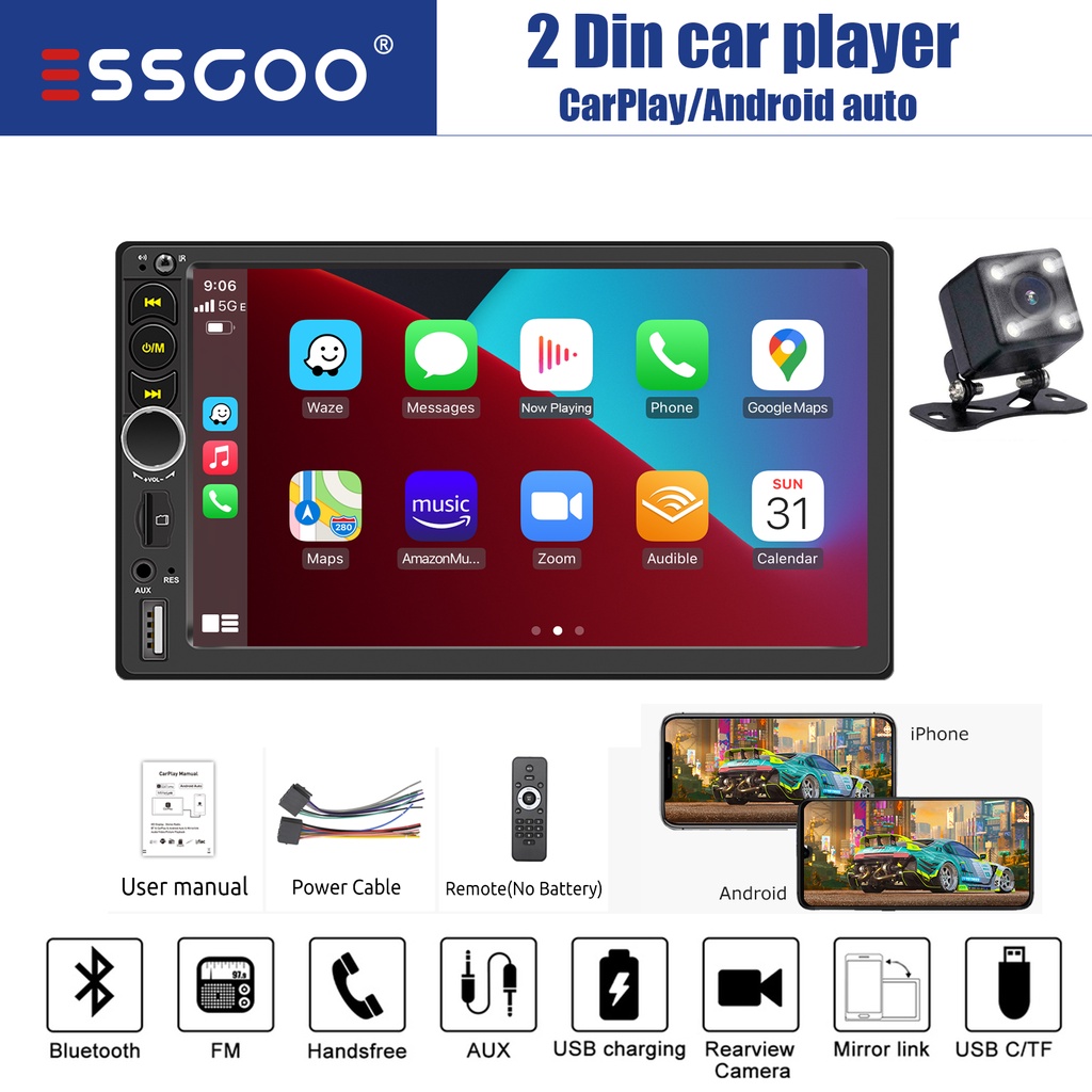 ESSGOO Carplay Android Auto 2 Din 7 inch Car MP5 player Bluetooth