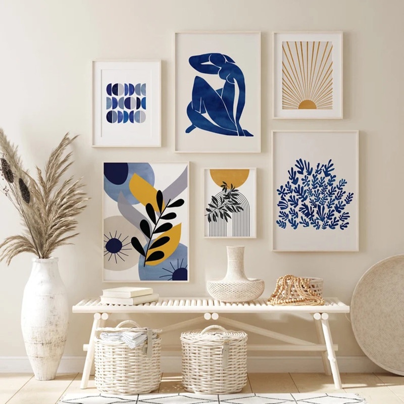 Abstract Geometric Yellow and Blue Canvas Painting Wall Art Leaves ...