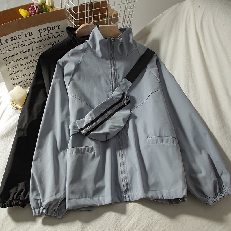 Loose Casual Black Cargo Jacket Korean Version StandUp Collar ins