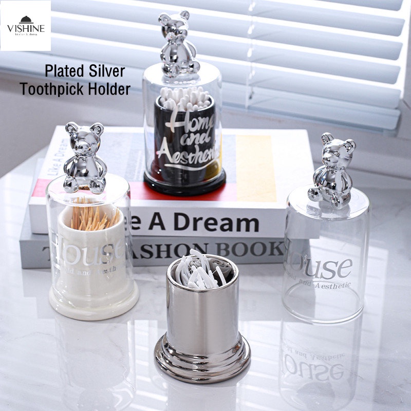 Plated Silver Toothpick Holder Ceramic Cotton Swab Stick Box With Glass ...