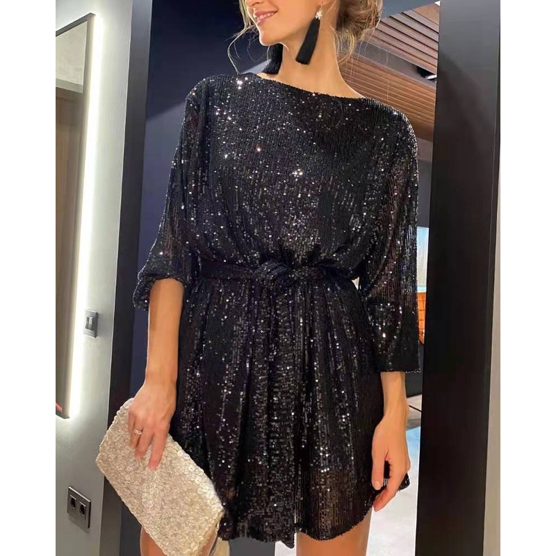 black sequin dress with belt Wrap Body Long Sleeve Sequin Dress with Belt  Urban Touch