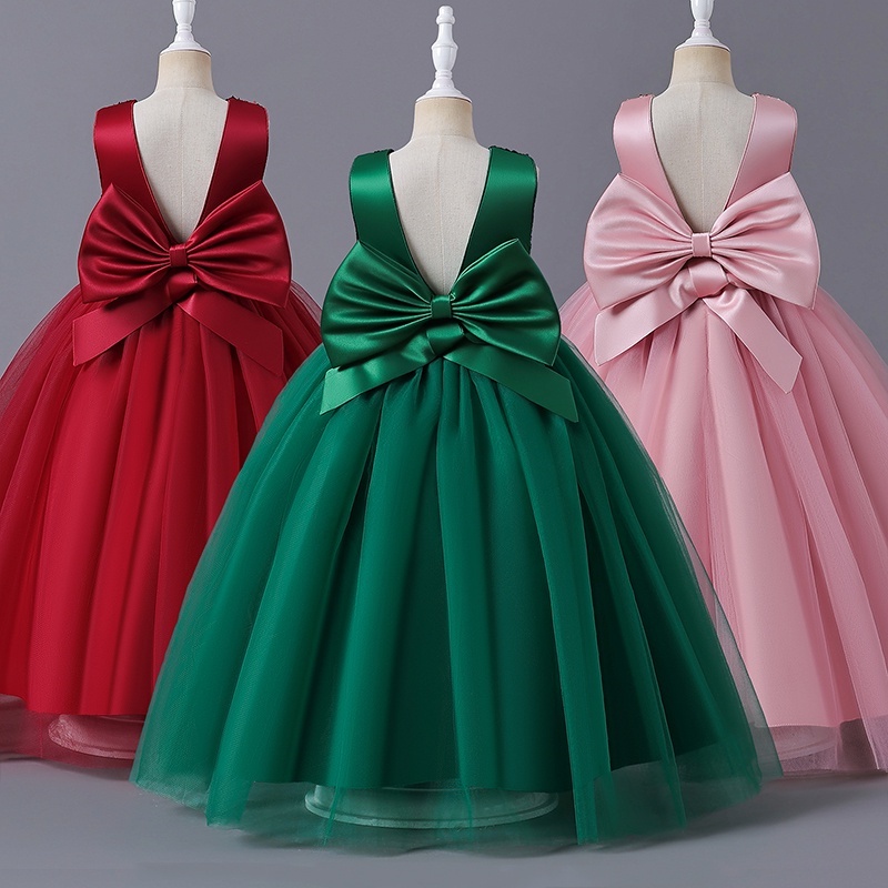 Girls Autumn and Winter Western Flower Pearl Bow Red Princess Dress main image 1