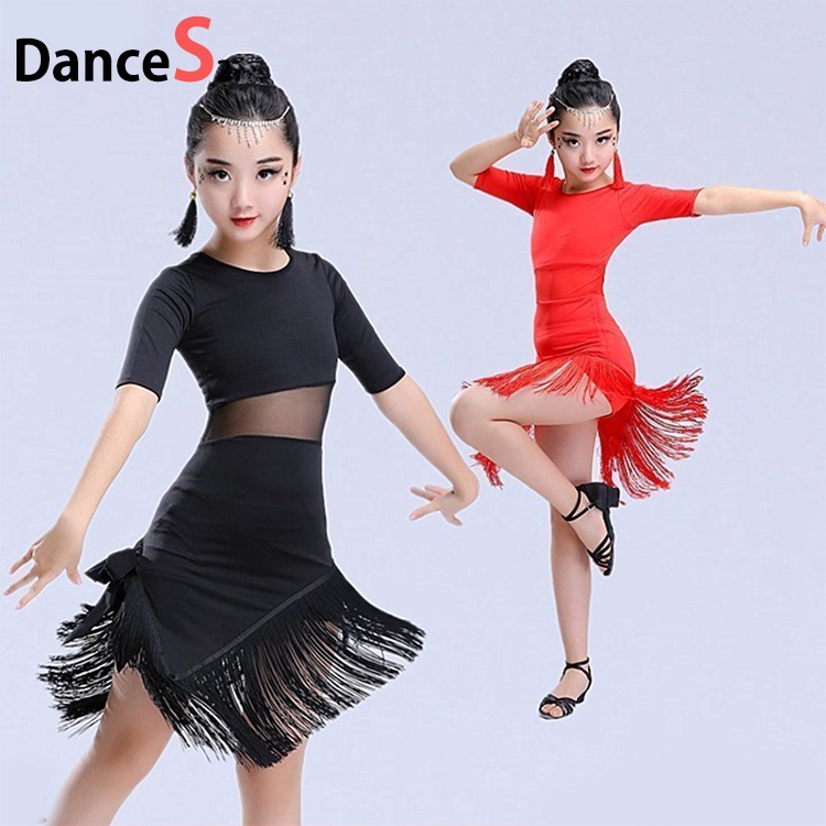 Kids Child Girls Latin Dance Dress Fringe Latin Dance Clothes