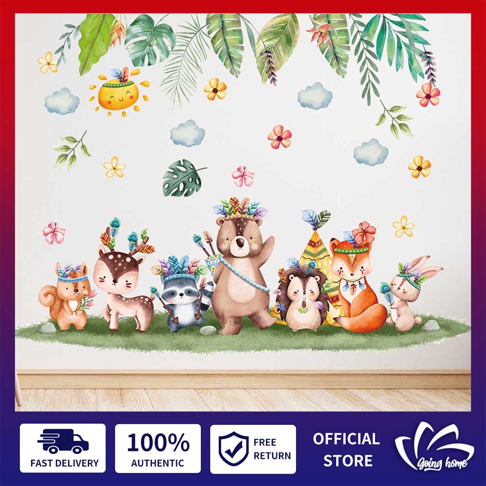 Jungle Animal Wall Sticker Colorful Clouds Wall Decal Tribe Animals
