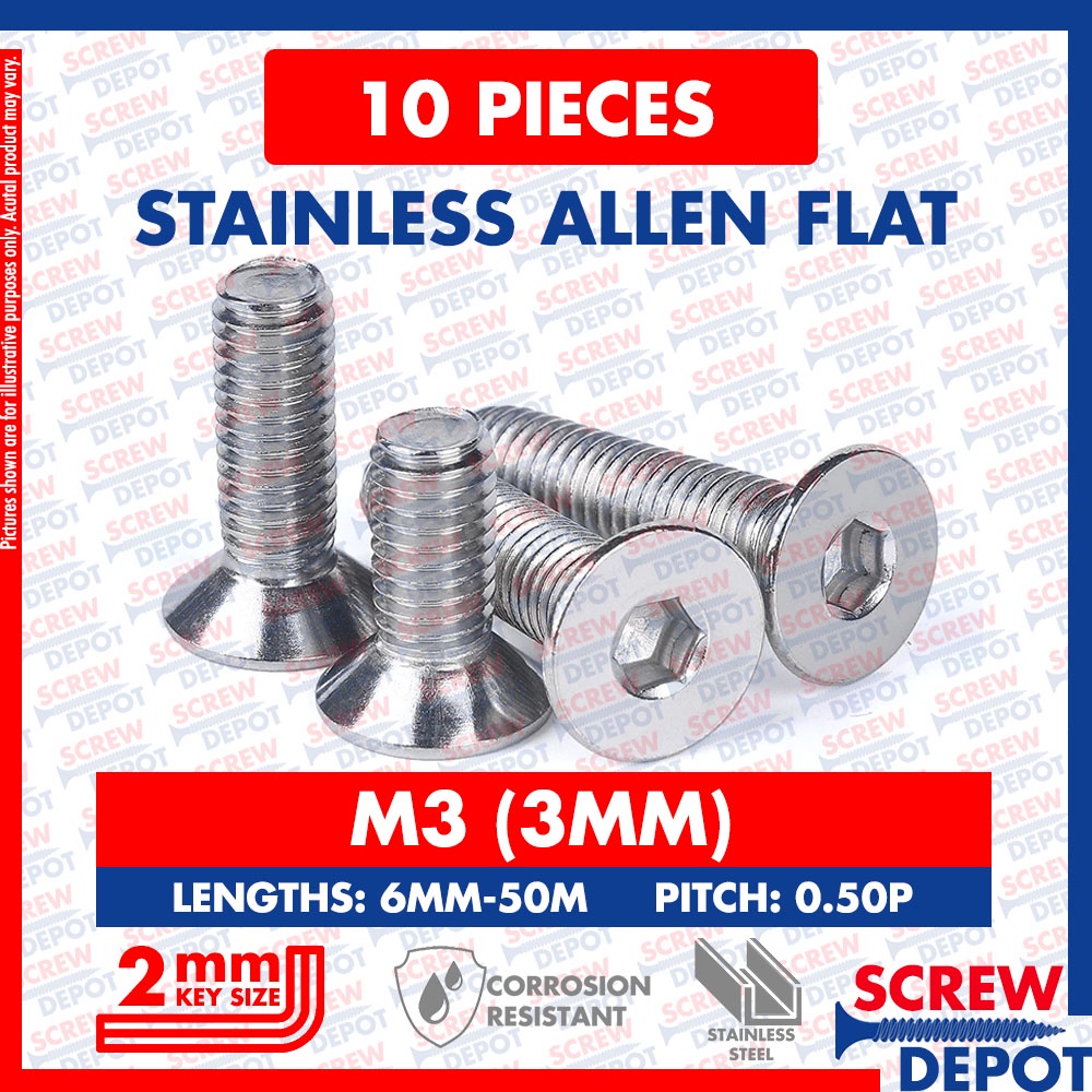 10PCS M3 ( 3MM ) SS Allen Flat / Socket Flathead / Stainless