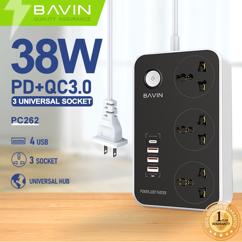BAVIN PC262 Socket Extension W/ Pd 20W TypeC & 3x Usb Port Support Qc3