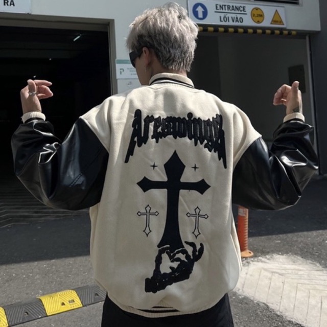 VarsityJacket vintage cross-embroidered 2-layer felt bomber jacket with ...