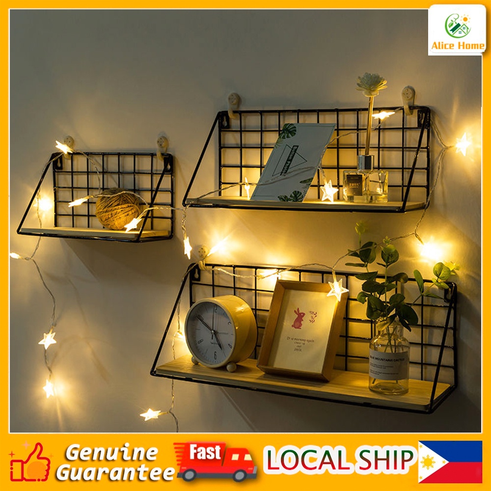 Modern Wooden Wall Shelf Iron Wall Mounted Storage Rack Hanging