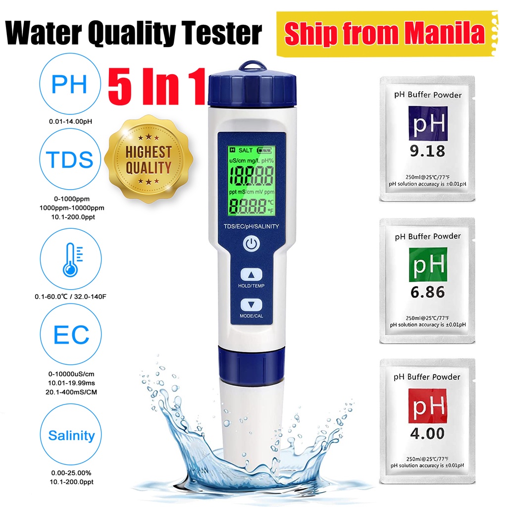 5 in1 TDS/EC/PH/salinity/Temperature Water Quality Tester meter Pen ...