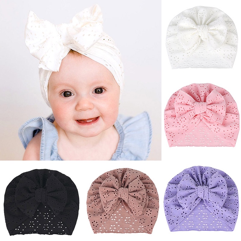 Baby Turban Hats Kids Girls Boys Hat Solid Color Bow Knotted Hats Newborn Fetal Cap Headband