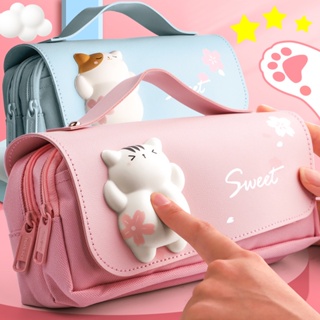 Cute Cat Pencil Case Big Pencil Box Portable Girls Pen Bag Double