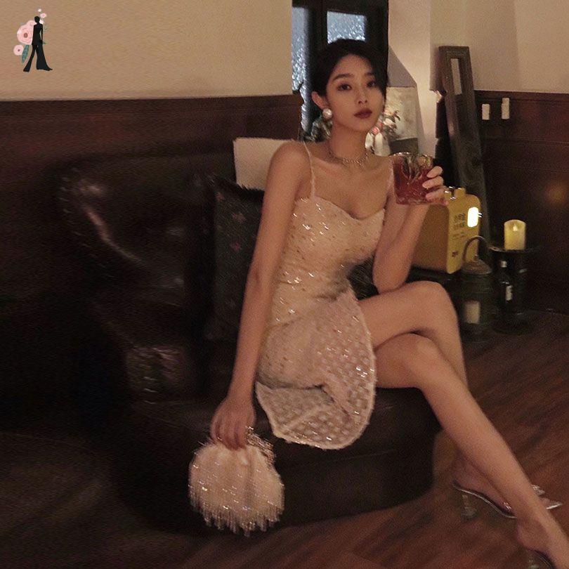 V-neck Hepburn High-End High-End Long High Class Elegant Socialite Light Luxury Sequined Suspender Evening Dress
