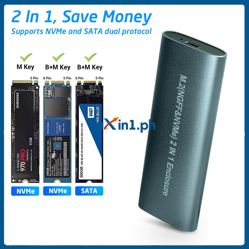 2-IN-1 Hard Disk Enclosure M.2 NVMe SSD Case Adapter 10Gbps USB C 3.1 ...