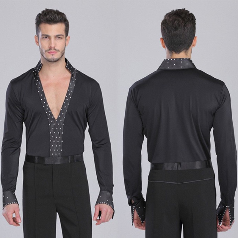 Mens Latin Dance Shirt Rhinestone VNeck Men Dance Shirt Ballroom Latin