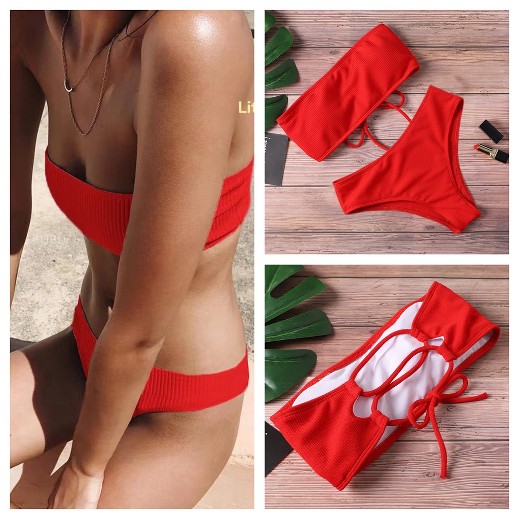 Stylish solid colour bikini two piece bandeau one word women s split swimsuit