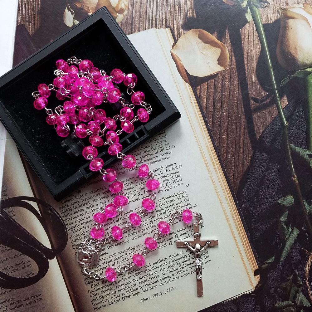 Diyalo Rose Pink Prayer Beads Chain Rosary Necklace Flower Medal ...