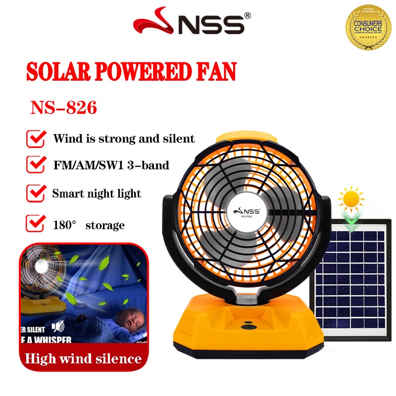 NSS Solar Fan 8 Inch Portable Fan with panel Rechargeable Electric Fan LED Light Outdoor Fan