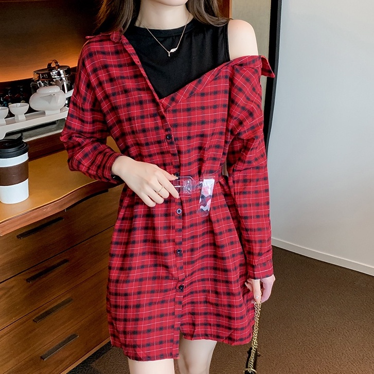 Korean style cute red plaid shirt dress long sleeve with belt mini