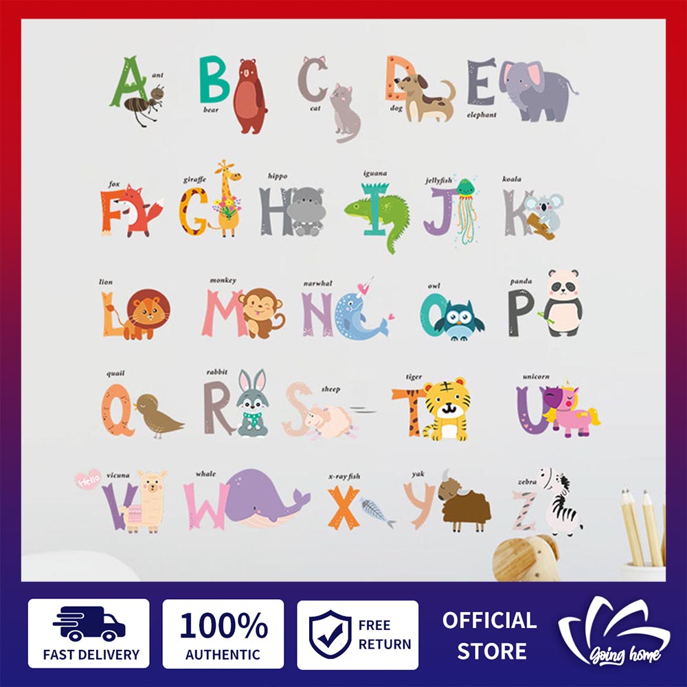 Kids Early Learning Cartoon Animal Wall Stickers English Alphabet ...