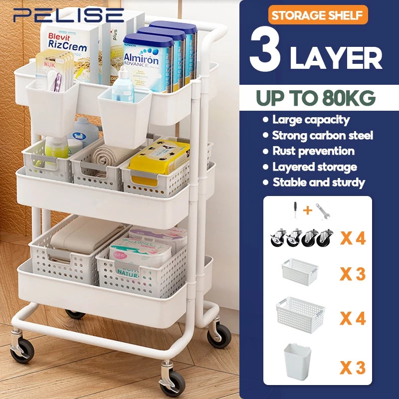 Pelise Bathroom Trolley Cart Organizer 3-Tier Cart With 4 Wide Baskets 3 Narrow Baskets 3 Hanging