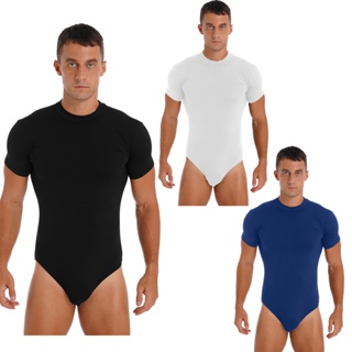 inhzoy Men's Short Sleeve Undershirt One Piece Leotard Top Press Button  Crotch Shirt Bodysuit Slim Fit Romper Black XXL 