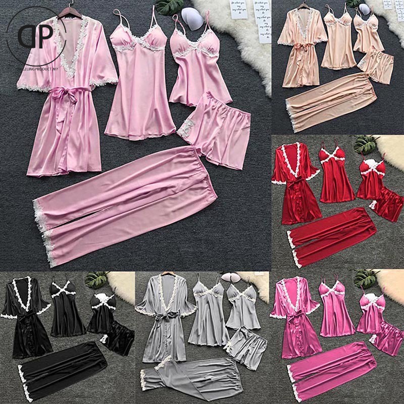 5pcs Satin Baju Tidur Tido Wanita Seksi Soft Silk Pyjamas Victoria ...