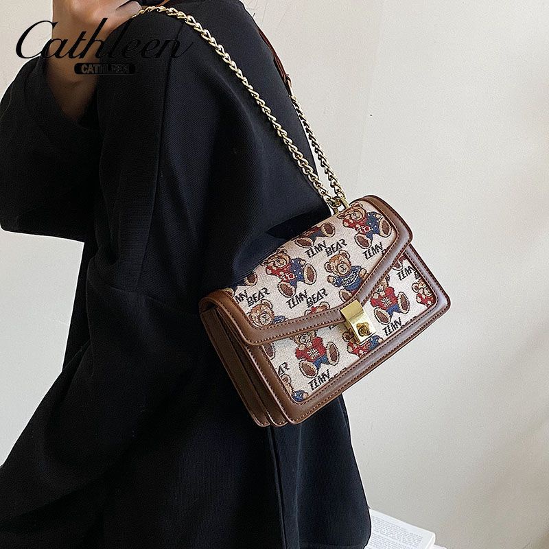 Women's Bag 2022 New Cute Style Printed Bear Chain Bag Women's