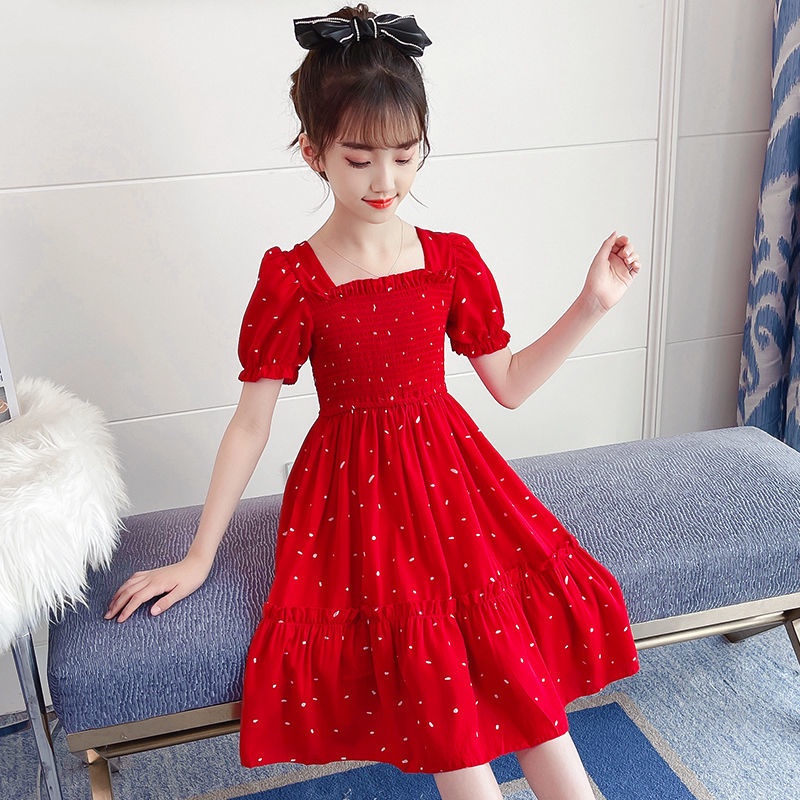 4 12 years old girls long skirt 2021 new summer chiffon red short sleeved casual dress Shopee Philippines