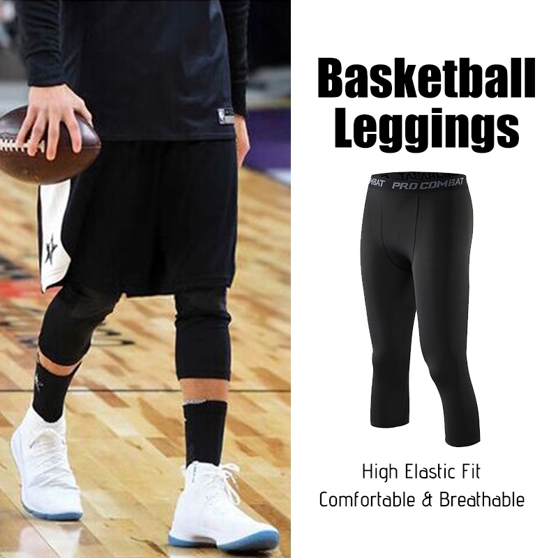 Men S Safety Anti-collision Pants Basketball Training 3/4 Tights Leggings  With Knee Pads Protector Sports Compression Trousers